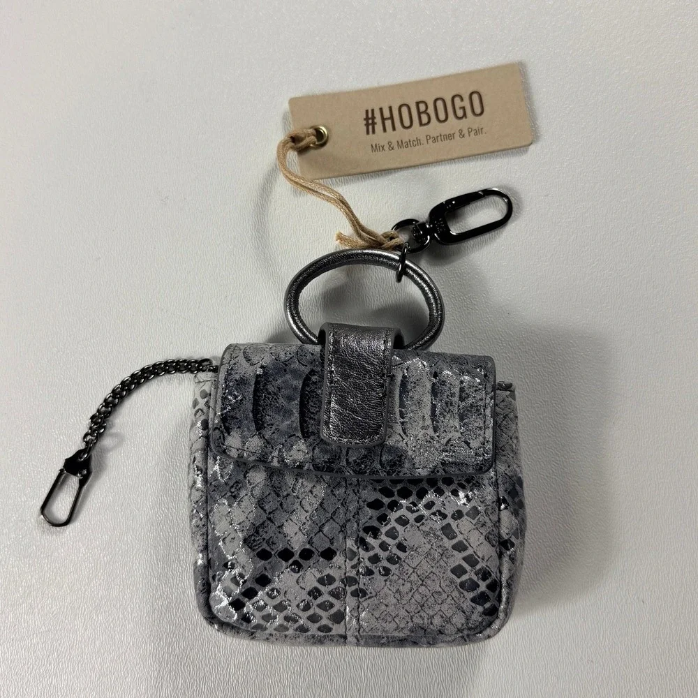 Hobo Silver Snakeskin Leather Mini Bag Charm‎ Pouch O-Ring Handle New
